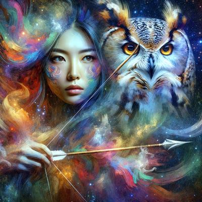 The primary subject of the image is a woman with a bow and arrow, who is surrounded by a vibrant and colorful background. The setting includes a space-themed background, which adds to the overall atmosphere of the image. The visual style is a combination of digital art and illustration, creating a unique and eye-catching piece of art. The colors and mood of the image are lively and energetic, with a focus on the woman as the central figure.